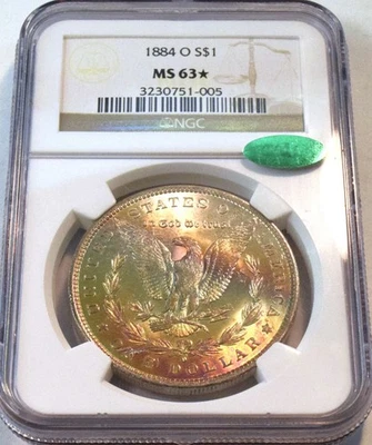 1884 O $1 NGC CAC MS 63* Morgan Silver Dollar STAR Rainbow Toned Better Type - Image 1 of 4