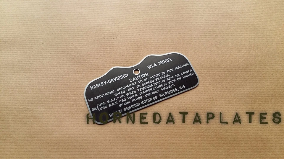 1940-1942 Ejército de EE. UU. HARLEY DAVIDSON WLA TANQUE DE PRECAUCIÓN PLACA DE DATOS MILITAR WLA41 Foto 1 de 1