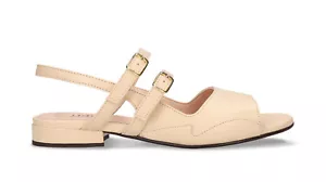 Women vegan flat sandals slingback beige apple skin with straps buckles open toe - Picture 1 of 7