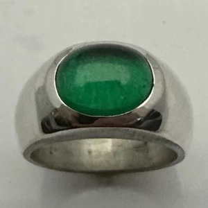 MJG STERLING SILVER Mans RING. 12 X 10mm NANOCRYSTAL EMERALD CAB. SZ 9 3/4 - Picture 1 of 6