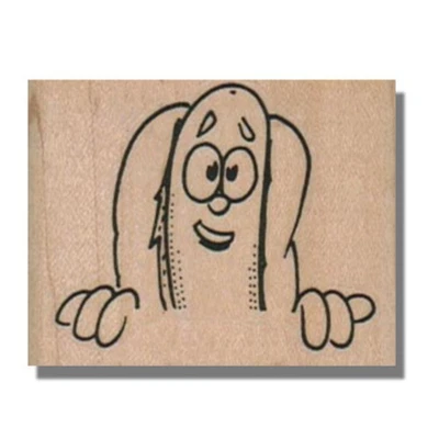 Sello de goma montado, divertido perro caliente, comida divertida ojos aspecto sonriente verano comer hombre wm Foto 1 de 2