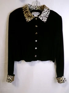 Ronnie Nicole Petite Vtg Black Velvet Leopard Print Collar &Sleeve Jacket/Top - Picture 1 of 6