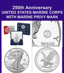 2025 W U.S. Marine Corps 250th Anniversary Proof With Privy mark  Silver Dollar - Picture 1 of 5