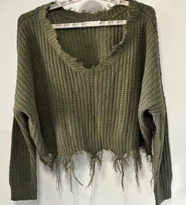 Love J Long Sleeve Sweater L Green Raw Edge Distressed V Neck Streetwear Grunge - Picture 1 of 8