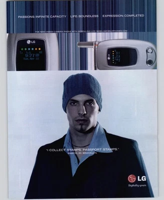 2003 Vintage Print Ad LG V6000 Camera Flip Phone Hipster Model Beanie Cap Art - Image 1 of 4