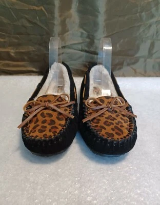 Mocasines Minnetonka Negro y Leopardo Estampado Cuero Imitación Piel Mujer EE. UU. 8 USADOS  Foto 1 de 4