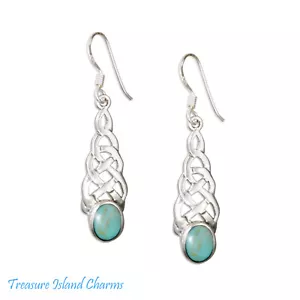 Celtic Knot with Turquoise 925 Sterling Silver French Wire Hook Dangle Earrings - Picture 1 of 2