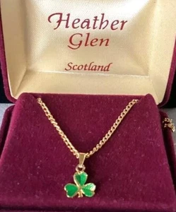 Heather Glen Green Shamrock Gold Tone Necklace Celtic Scotland Dainty W/GIFT Box - Picture 1 of 9