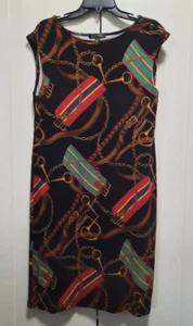 Vestido recto Ralph Lauren para mujer negro caballo ecuestre broca cadena estampado algodón L - Imagen 1 de 6