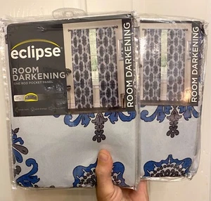 2pck Eclipse Room Darkening One Rod Pocket Panel Olivia Navy Curtain Set 37 x 84 - Picture 1 of 5