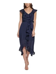 DKNY Womens Navy Self Tie Sash Lined Flutter Sleeve Midi Hi-Lo Dress 2 - Picture 1 of 11