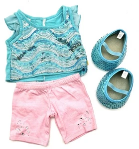 Build-A-Bear Blue Sequin Shirt Pink Shorts Outfit with Sparkle Shoes Set - Picture 1 of 11
