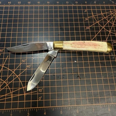 Pink Stag Bone Handle Jackknife 3” Stainless 2 Stainless Blade Brass Bolsters - Image 1 of 4