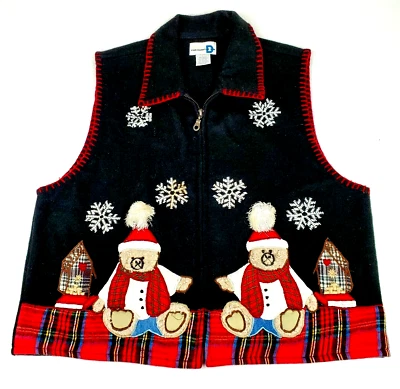 Paul Harris Womens Vest Large Black Christmas Holiday Snowflakes Bears - Image 1 of 4