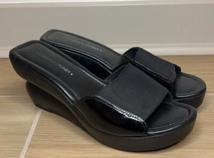 Donald J Pliner Wedge Heel Slides Black Size 8.5 Made In Brazil Patient Leather - Picture 1 of 13