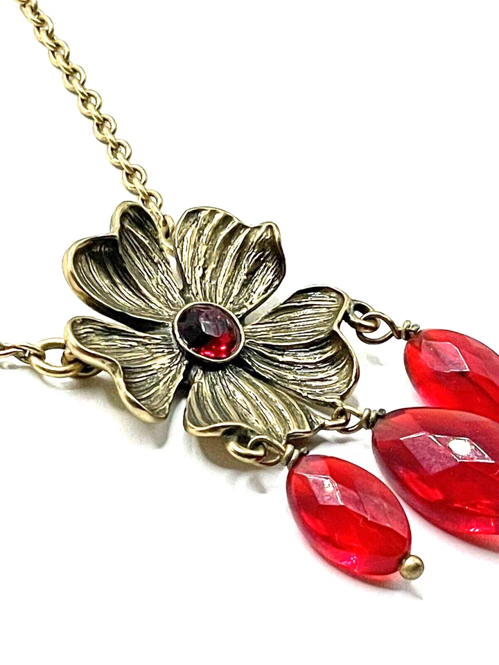 Collar Lavalier Rojo Cristal Flor Amapola Oro Diseño Danés Peregrino De Colección Foto 1 de 4