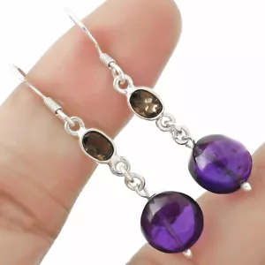 African Amethyst & Smoky Quartz 925 Sterling Silver Earrings Jewelry E-1012 - Picture 1 of 5
