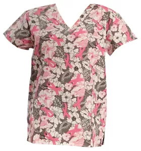 Women's Fashion Medical Nursing Printed Scrub Tops Gray Base Ribbon Flowers 2XL - Picture 1 of 3