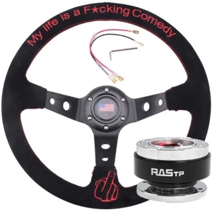 14Inch 345mm Suede Leather Hand Embroidery Steering Wheel+Quick Release Kit - Bild 1 von 13