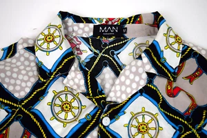 Boohoo Man Pajama Style Rayon Shirt Size M Allover Nautical Argyle Theme - Picture 1 of 8