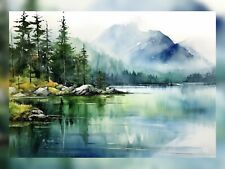 Serene Lake & Mountain Watercolor Print - 5" x 7" Tranquil Landscape Art Decor