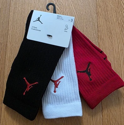 Air Jordan Boy 3 Pair Cushioned Crew Socks ~ Black, Red & White ~ Size Small ~ - Image 1 of 2