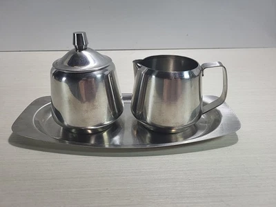 Vintage Oneida 18/8 Stainless Steel Creamer & Lidded Sugar Bowl w/ Tray - Image 1 of 4