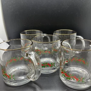 Set of 5 Libbey Glass Christmas Holly Berry Ribbon Gold Rim Mugs Cups - Picture 1 of 4
