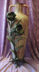 Rare alte grosse Vase Keramik mit Bronzemontierung Blumen Eidechse - Bild 1 von 9