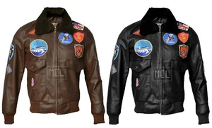 HERREN TOM CRUISE TOP GUN BOMBER BRAUN SCHWARZ BIKER ECHT LEDER JACKE ALLE GRÖßEN - Bild 1 von 14