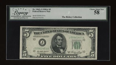 DBR 1950-A $5 FRN Kansas City Fr. 1962-J Legacy 58 Serial J50961453A - Image 1 of 2