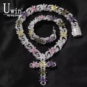 Colorful Flower Cuban Chain Full Paved Iced Out Bling Cubic Zirconia Cross Charm - Picture 1 of 13