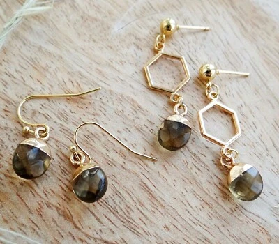 Pendientes colgantes de cuarzo ahumado hexagonal boho cristal facetado joyería regalo para ella Foto 1 de 4