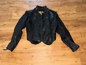 Vtg 90s Walter Co Black Leather Motorcycle Jacket Small Western Fringe Design - Picture 1 of 21