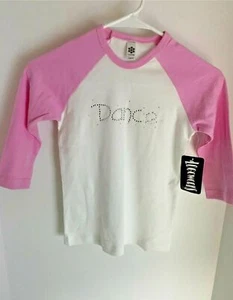 Girls Dance T-Shirt with Rhinstones White Pink 3/4 Sleeve Size Small New - Picture 1 of 1