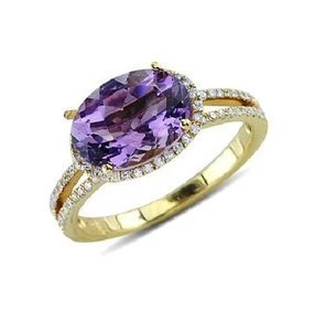 14K YELLOW GOLD PAVE DIAMOND OVAL PURPLE AMETHYST COCKTAIL HALO  GEMSTONE RING - Picture 1 of 2
