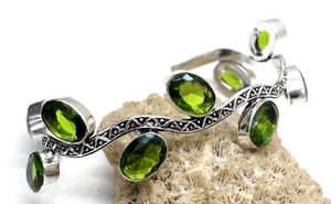 925 Sterling Silver Green Peridot Gemstone Jewelry Cuff Bracelet Size-ADJ" - Picture 1 of 2
