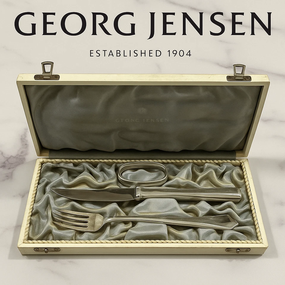 Conjunto de cipreste prata esterlina Georg Jensen com anel de guardanapo Harald Nielsen 22B - Imagem 1 de 4