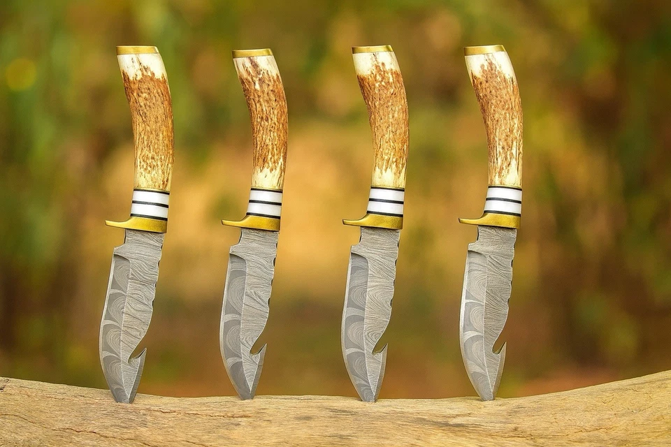 LOT OF 4 Knives DAMASCUS STEEL KNIFE STAG ANTLER HANDLE GUT HOOK - BRASS GUARD - Image 1 of 4