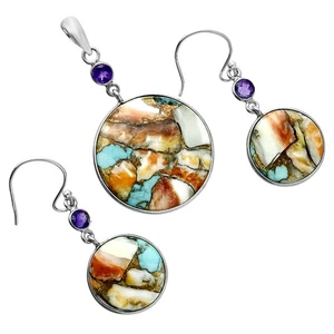 Premium Spiny Oyster Turquoise & Amethyst 925 Silver Pendant Earrings Set T-1010 - Picture 1 of 5