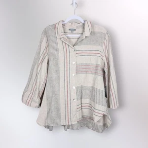 Habitat Clothes to Live In Womens Linen Cotton Beige Tan Stripe Button Shirt L - Picture 1 of 9