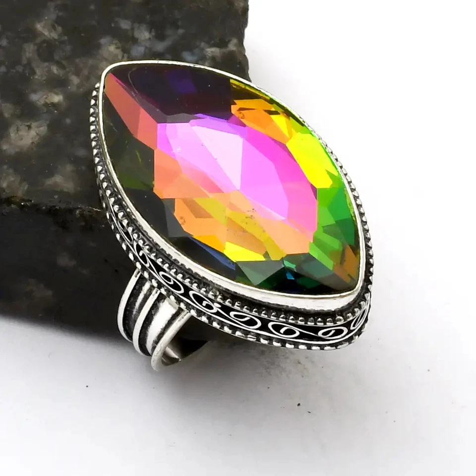 Mystic Topaz Gemstone Handmade Antique Design Ring Jewelry US Size-10.5 AR 26024 - Image 1 of 1