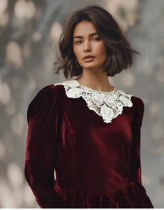 80s Lanz Originials Red Velvet Midi Dress Size Large Lace Victorian Long Sleeve - Bild 1 von 7