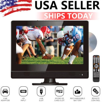 13.3" Portable LED HD TV 12V AC/DC HDTV TV-13D w/ DVD Player SD Card Reader HDMI - Image 1 of 4