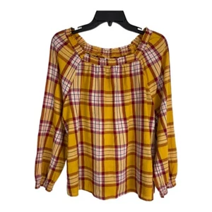 Old Navy Womens Shirt Size Large Gold Maroon Long Sleeve Plaid Elastic - Picture 1 of 7