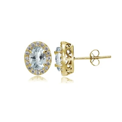 Yellow Gold Flashed Sterling Silver Aquamarine and CZ Oval Halo Stud Earrings - Image 1 of 4