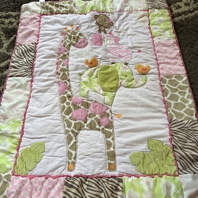 Carter's Jungle Animals Comforter Baby Blanket Pink Green Approx 34x44" - Image 1 of 4