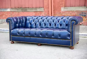 Vintage Chesterfield Sofa Blue Leather wood bun feet LoeBlein Bros USA - Picture 1 of 18