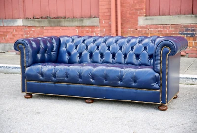 Vintage Chesterfield Sofa Blue Leather wood bun feet LoeBlein Bros USA - Image 1 of 4