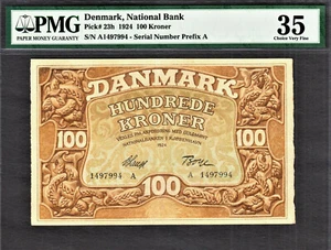 Denmark 100 Kroner 1924 Pick-23h Very Fine PMG 35 SCARCE ! - Picture 1 of 2